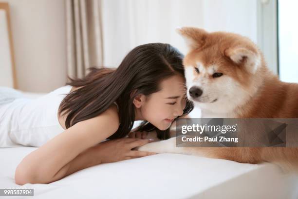 young woman in bedroom with pet dog - akita inu fotografías e imágenes de stock