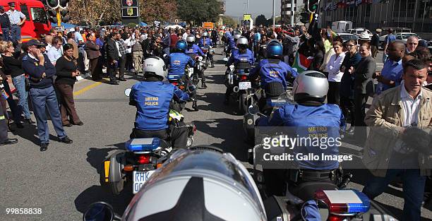 Sandton police ride motorbikes during a parade in preperation for the 2010 World Cup on May 17, 2010 in Sandton, Johannesburg, South Africa.The Fifa...