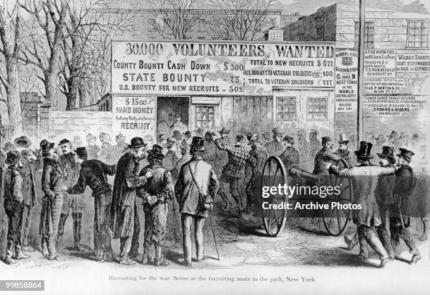 An engraving of men being recruited for the war at recruiting tents in the park, New York, circa April 1861.