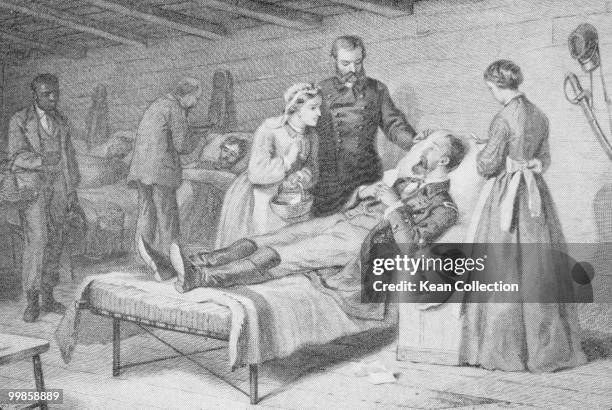 An engraving of 'The Dying Soldier - The last letter from home' during the US civil war, circa 1864.