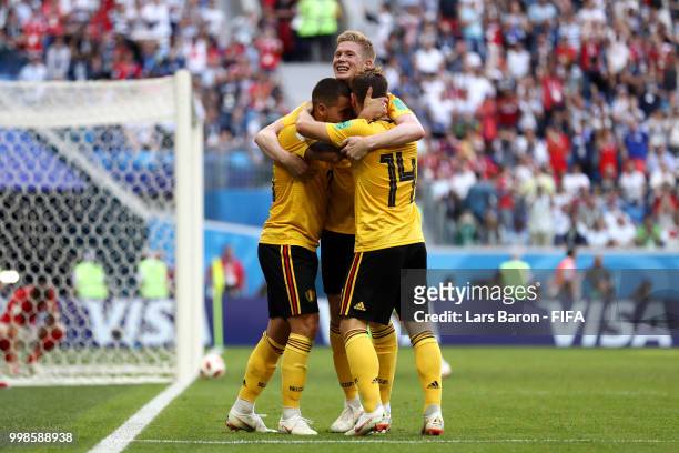 Eden Hazard of Belgium celebrates with teammates after scoring his team's second goal during the 2018 FIFA World Cup Russia 3rd Place Playoff match...