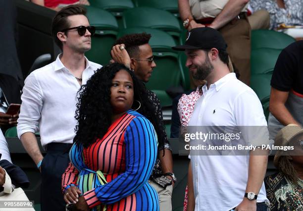 Lewis Hamilton and Alexis Ohanian in the players box of centre court on day twelve of the Wimbledon Championships at the All England Lawn Tennis and...