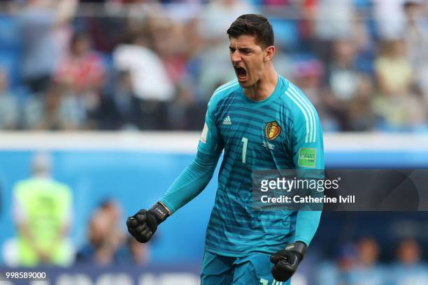 Thibaut Courtois of Belgium celebrates his team's second goal during the 2018 FIFA World Cup Russia 3rd Place Playoff match between Belgium and...