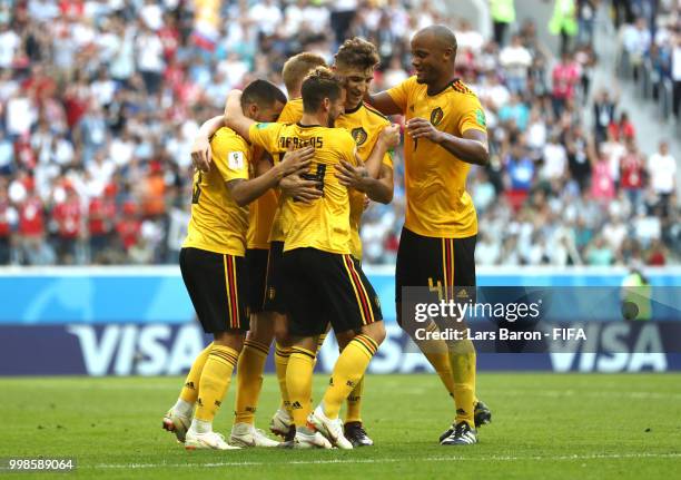 Eden Hazard of Belgium celebrates with teammates after scoring his team's second goal during the 2018 FIFA World Cup Russia 3rd Place Playoff match...