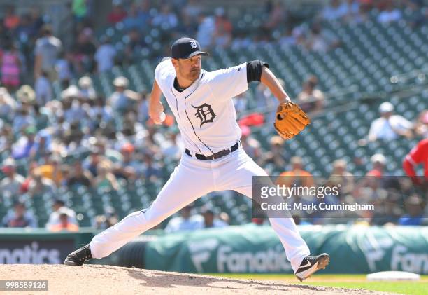Louis Coleman of the Detroit Tigers pitches during the game against the Los Angeles Angels of Anaheim at Comerica Park on May 31, 2018 in Detroit,...