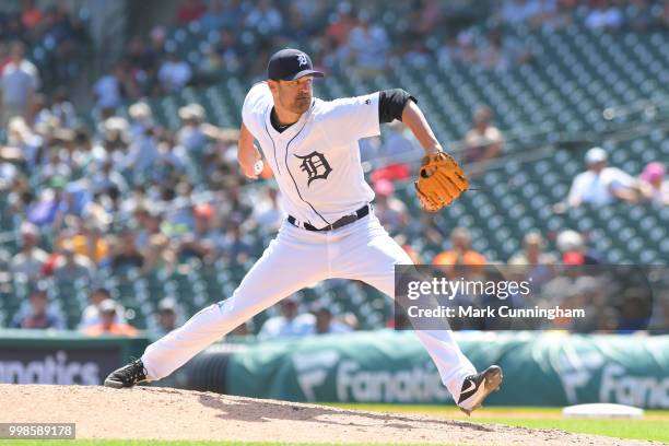 Louis Coleman of the Detroit Tigers pitches during the game against the Los Angeles Angels of Anaheim at Comerica Park on May 31, 2018 in Detroit,...