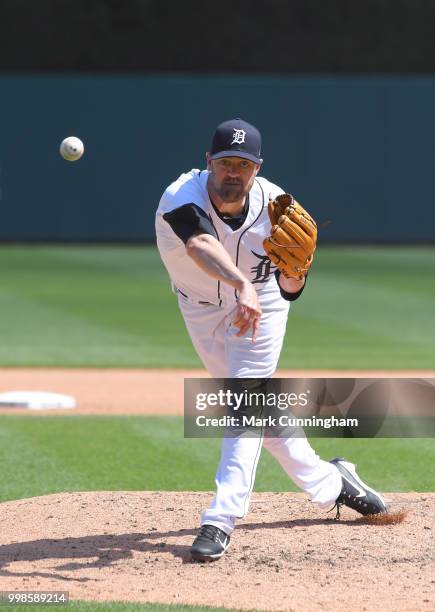 Louis Coleman of the Detroit Tigers pitches during the game against the Los Angeles Angels of Anaheim at Comerica Park on May 31, 2018 in Detroit,...