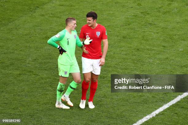 Jordan Pickford of England talks to team mate Harry Maguire following Belgium second goal during the 2018 FIFA World Cup Russia 3rd Place Playoff...