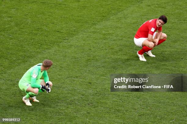 Jordan Pickford of England talks to team mate Harry Maguire following Belgium second goal during the 2018 FIFA World Cup Russia 3rd Place Playoff...