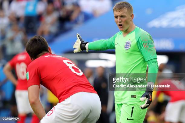 Jordan Pickford of England talks to team mate Harry Maguire following Belgium second goal during the 2018 FIFA World Cup Russia 3rd Place Playoff...