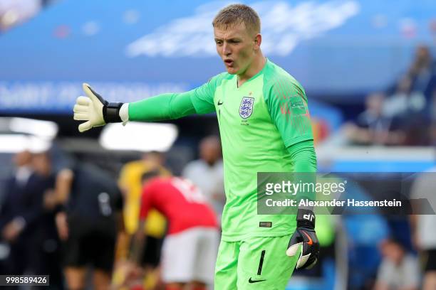 Jordan Pickford of England reacts following Belgium second goal during the 2018 FIFA World Cup Russia 3rd Place Playoff match between Belgium and...