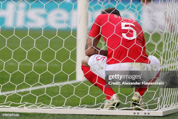 John Stones of England shows his dejection following Belgium's second goal during the 2018 FIFA World Cup Russia 3rd Place Playoff match between...