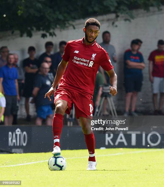 Joe Gomez of Liverpool during the Pre-Season friendly match between Bury and Liverpool at Gigg Lane on July 14, 2018 in Bury, England.