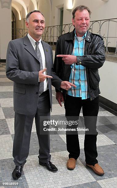 Andreas Kaplan , former driver of spectacularly assassinated fashion designer Rudolf Moshammer and bodyguard Werner Wittek pose during a photocall at...