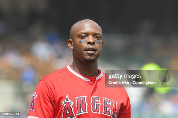 Justin Upton of the Los Angeles Angels of Anaheim looks on during the game against the Detroit Tigers at Comerica Park on May 31, 2018 in Detroit,...