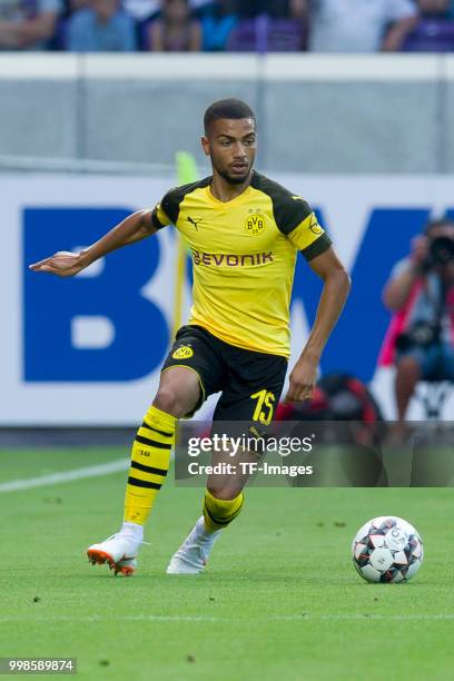 Jeremy Toljan of Borussia Dortmund controls the ball during the friendly match between Austria Wien and Borussia Dortmund at Generali Arena on July...
