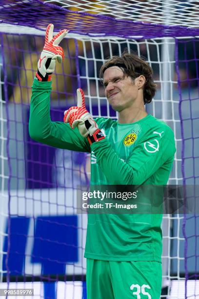 Goalkeeper Marwin Hitz of Borussia Dortmund gestures during the friendly match between Austria Wien and Borussia Dortmund at Generali Arena on July...