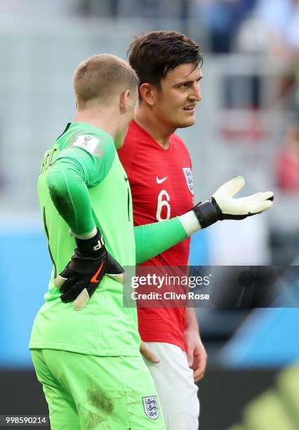 Jordan Pickford of England talks to team mate Harry Maguire following Belgium second goal during the 2018 FIFA World Cup Russia 3rd Place Playoff...