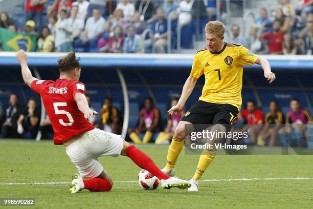 John Stones of England, Kevin De Bruyne of Belgium during the 2018 FIFA World Cup Play-off for third place match between Belgium and England at the...