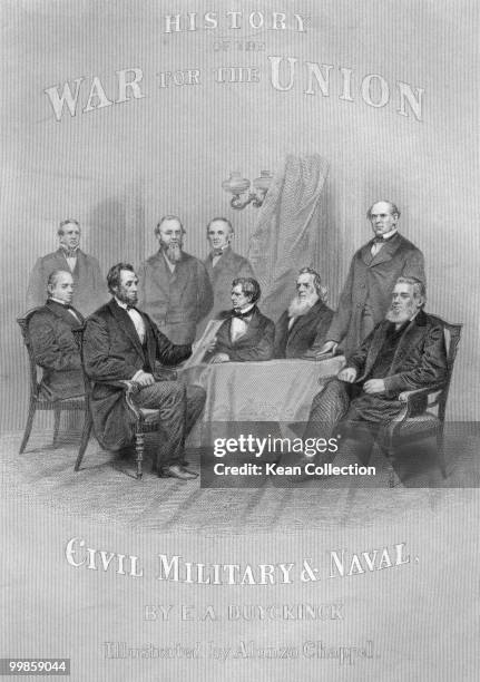 An engraving of the cover of the publication 'History of the War for the Union civil military and Naval', showing Abraham Lincoln reading the...