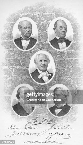 Engraved portraits of confederate Governors Joseph Emerson Brown, , Isham Green Harris, , Samuel Houston, , John Letcher, , Zebulon Baird Vance, ,...