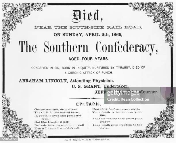 Mock obituary announcing the death of the Southern confederacy after the US civil war ended, 9 April 1865.