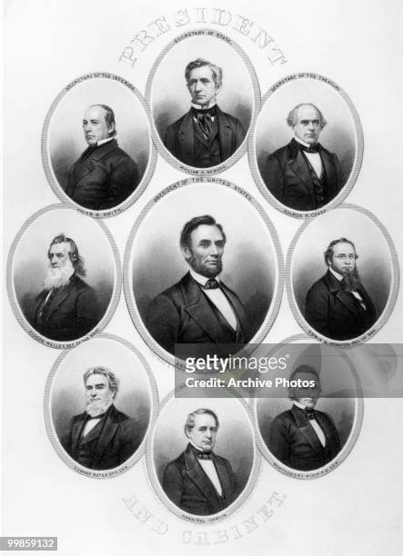 Engraved portraits of the US president Abraham Lincoln and his cabinet, Edward Bates, Hannibal Hamlin, Salmon Chase, William Seward, Gideon Welles,...