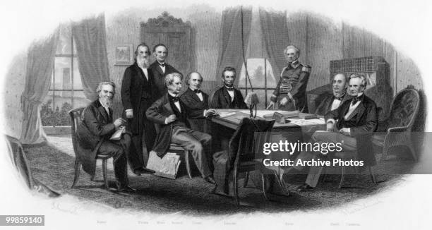 An engraving of US President Abraham Lincoln and his Cabinet, with General Winfield Scott in the Council Chamber at the White House, Washington circa...