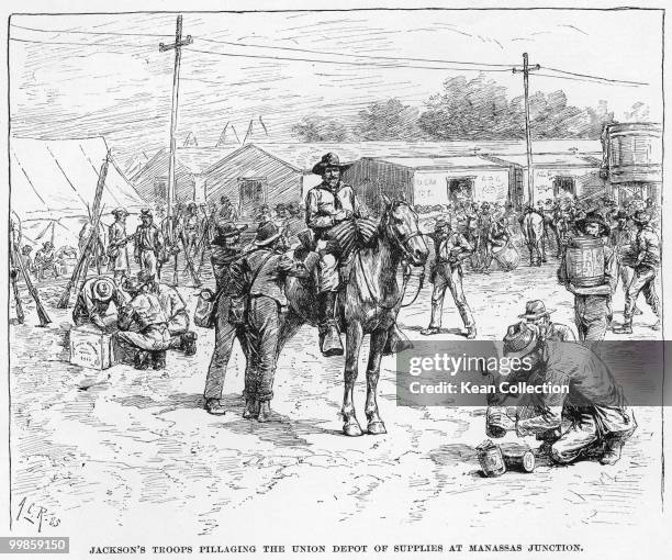 An engraving of an enslaved person at a confederate camp titled 'Servant on the march' circa 1862.