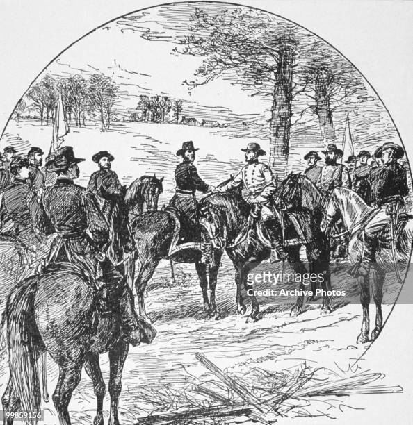 Circular framed engraving, Meeting of Sherman and Johnston, during the US civil war to negotiate a truce after Robert E.Lee's surrender, 26 April...