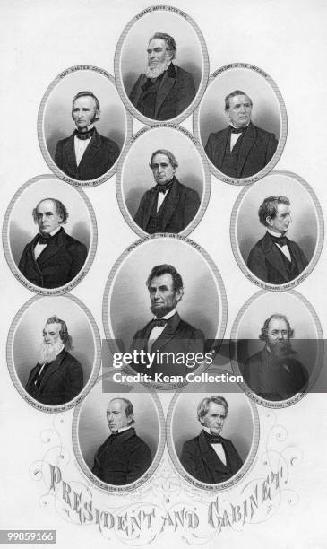 Engraved portraits of the US president Abraham Lincoln and his cabinet, Edward Bates, Montgomery Blair, John Usher, Hannibal Hamlin, Salmon Chase,...