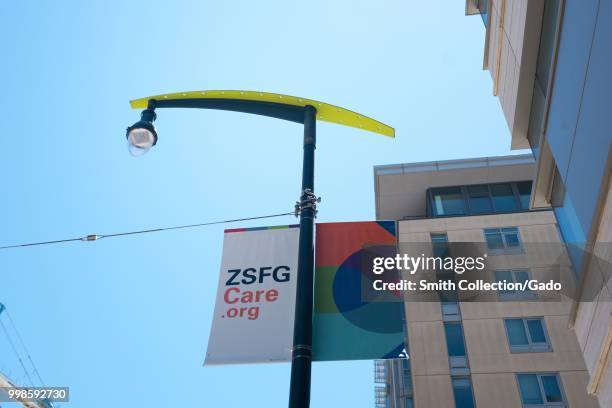 Sign on lightpole for the Zuckerberg San Francisco General Hospital in San Francisco, California, named for Facebook founder Mark Zuckerberg, July...