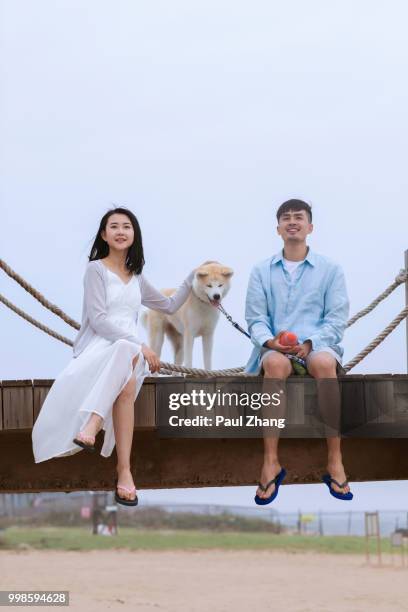 young couple sitting at the pier with pet dog - couple portrait soft ストックフォトと画像