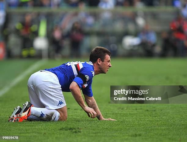 Antonio Cassano of UC Sampdoria on his knees during the Serie A match between UC Sampdoria and SSC Napoli at Stadio Luigi Ferraris on May 16, 2010 in...