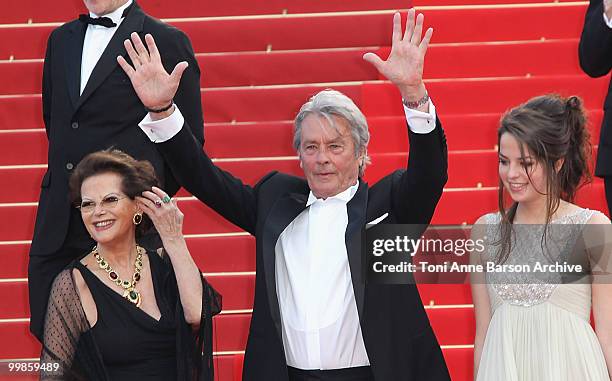 Actress Claudia Cardinale, actor Alain Delon and Anoushka Delon attend the 'Il Gattopardo' premiere held at the Palais des Festivals during the 63rd...