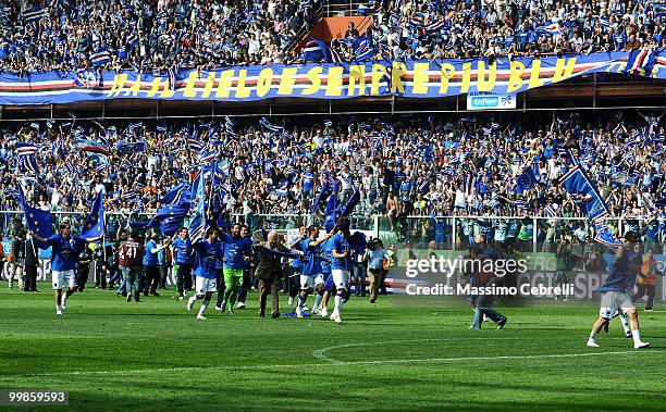 Players and fans of UC Sampdoria celebrate fourth place and the Champions League qualification after the Serie A match between UC Sampdoria and SSC...