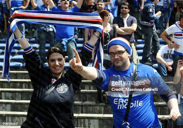 Fans of UC Sampdoria celebrate fourth place and the Champions League qualification after the Serie A match between UC Sampdoria and SSC Napoli at...