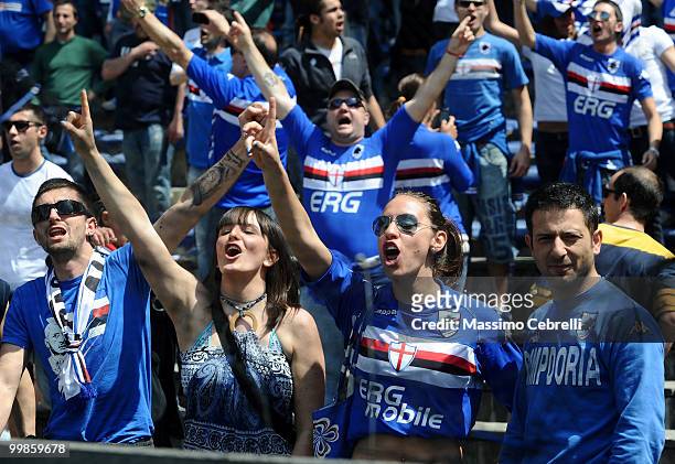 Fans of UC Sampdoria celebrate fourth place and the Champions League qualification after the Serie A match between UC Sampdoria and SSC Napoli at...