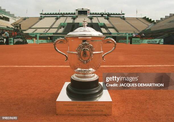 The trophy for the French Open women's singles competition is seen 06 June on Center Court at the Roland Garros stadium in Paris. The women's or...