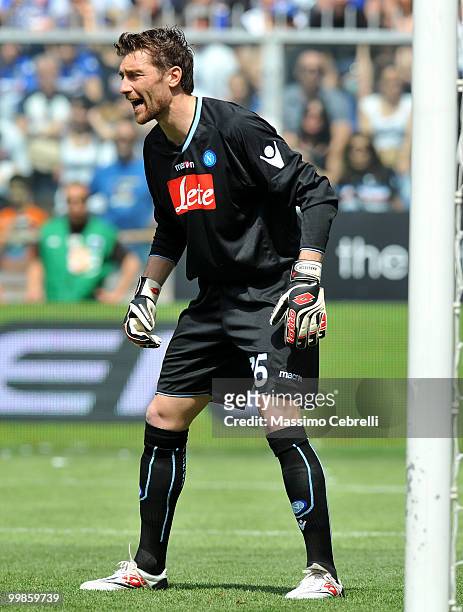 Morgan De Sanctis of SSC Napoli reacts during the Serie A match between UC Sampdoria and SSC Napoli at Stadio Luigi Ferraris on May 16, 2010 in...