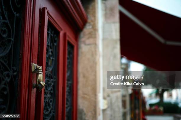 Traditional Basque architecture in Ainhoa, a commune in the Pyrenees-Atlantiques, considered one of the most beautiful villages in France.