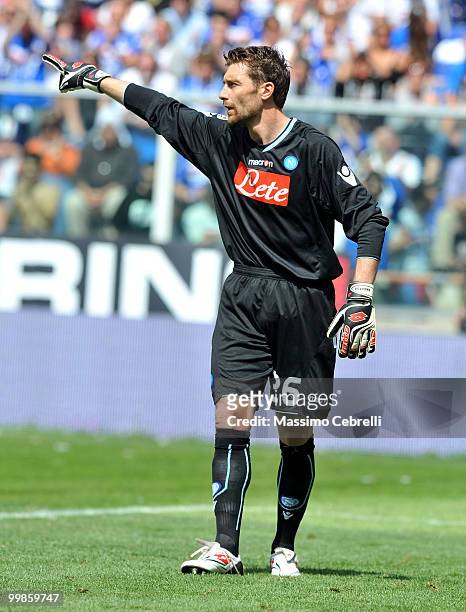 Morgan De Sanctis of SSC Napoli reacts during the Serie A match between UC Sampdoria and SSC Napoli at Stadio Luigi Ferraris on May 16, 2010 in...
