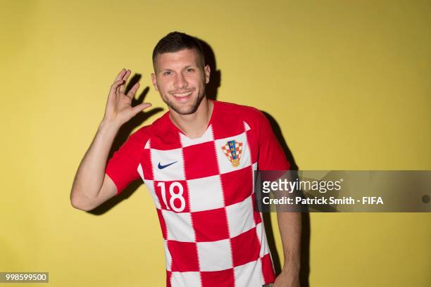 Ante Rebic of Croatia poses for a portrait during the official FIFA World Cup 2018 portrait session at Woodland Rhapsody Resort on June 12, 2018 in...