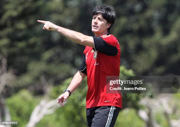 Head coach Joachim Loew of Germany gestures during the German National Team training session at Verdura Golf and Spa Resort on May 18, 2010 in...