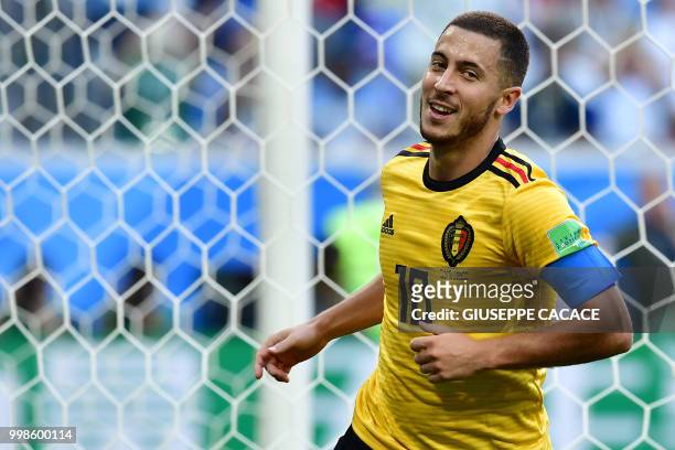 Belgium's forward Eden Hazard celebrates after scoring their second goal during their Russia 2018 World Cup play-off for third place football match...