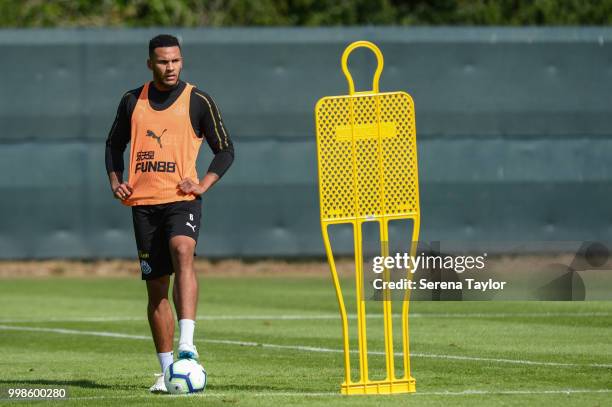 Jamaal Lascelles stands with his foot on the ball during the Newcastle United Training session at Carton House on July 14 in Kildare, Ireland.