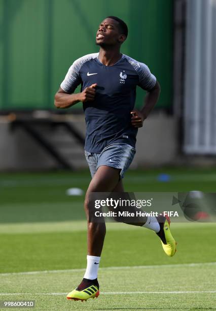 Paul Pogba of France in action during a France training session during the 2018 FIFA World Cup at Luzhniki Stadium on July 14, 2018 in Moscow, Russia.