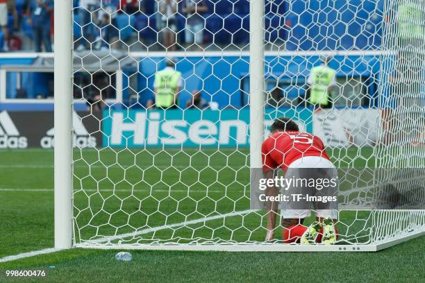 John Stones of England shows his dejection following Belgium's second goal during the 2018 FIFA World Cup Russia 3rd Place Playoff match between...