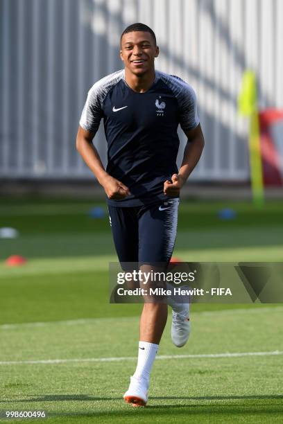 Kylian Mbappe of France in action during a France training session during the 2018 FIFA World Cup at Luzhniki Stadium on July 14, 2018 in Moscow,...