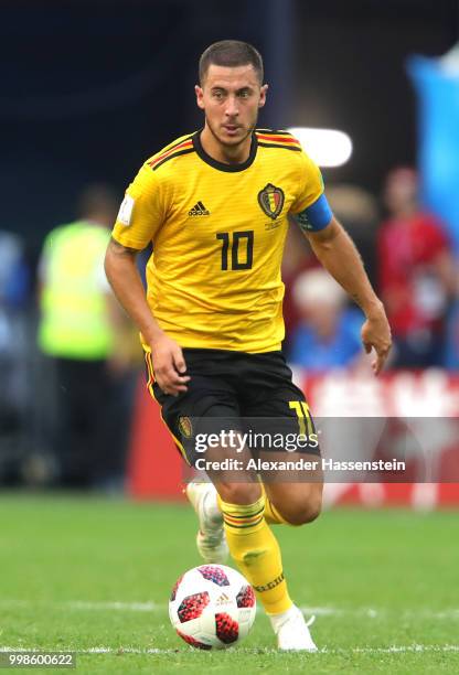 Eden Hazard of Belgium runs with the ball during the 2018 FIFA World Cup Russia 3rd Place Playoff match between Belgium and England at Saint...